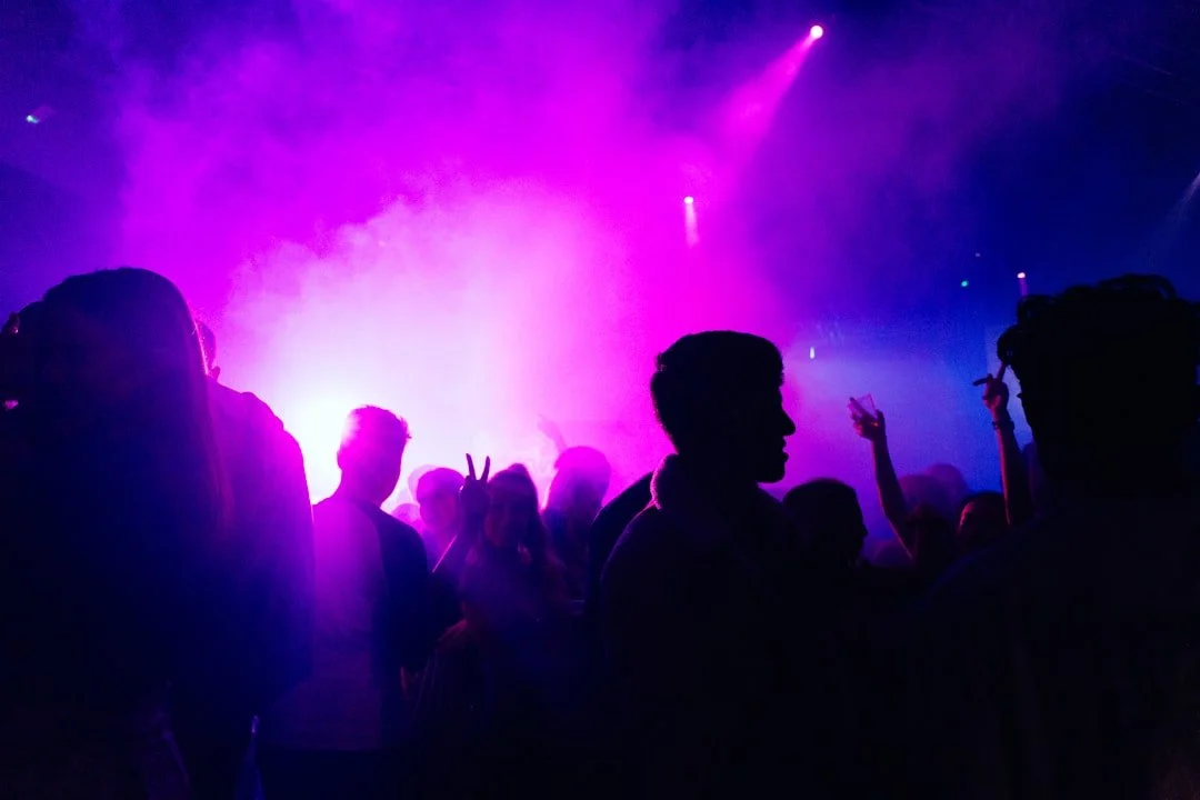 Crowd silhouettes in purple club lights