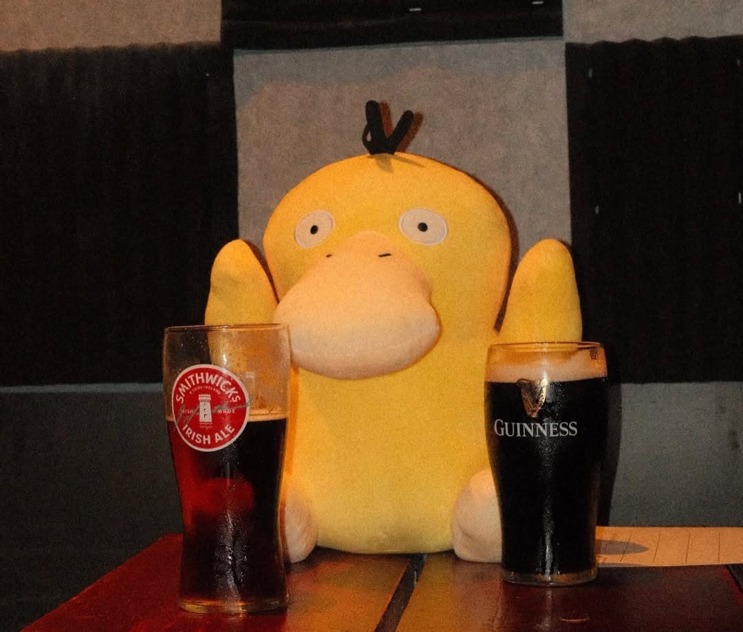 Psyduck plush between two pints